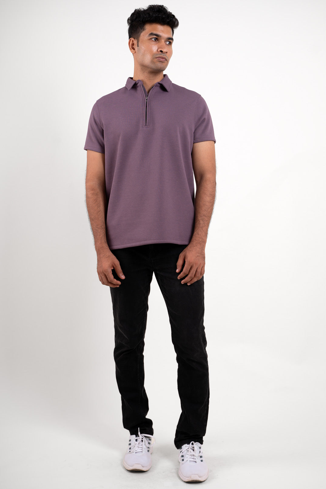 Full-length image of the lavender zipper polo shirt, providing a comprehensive look at its overall fit and style