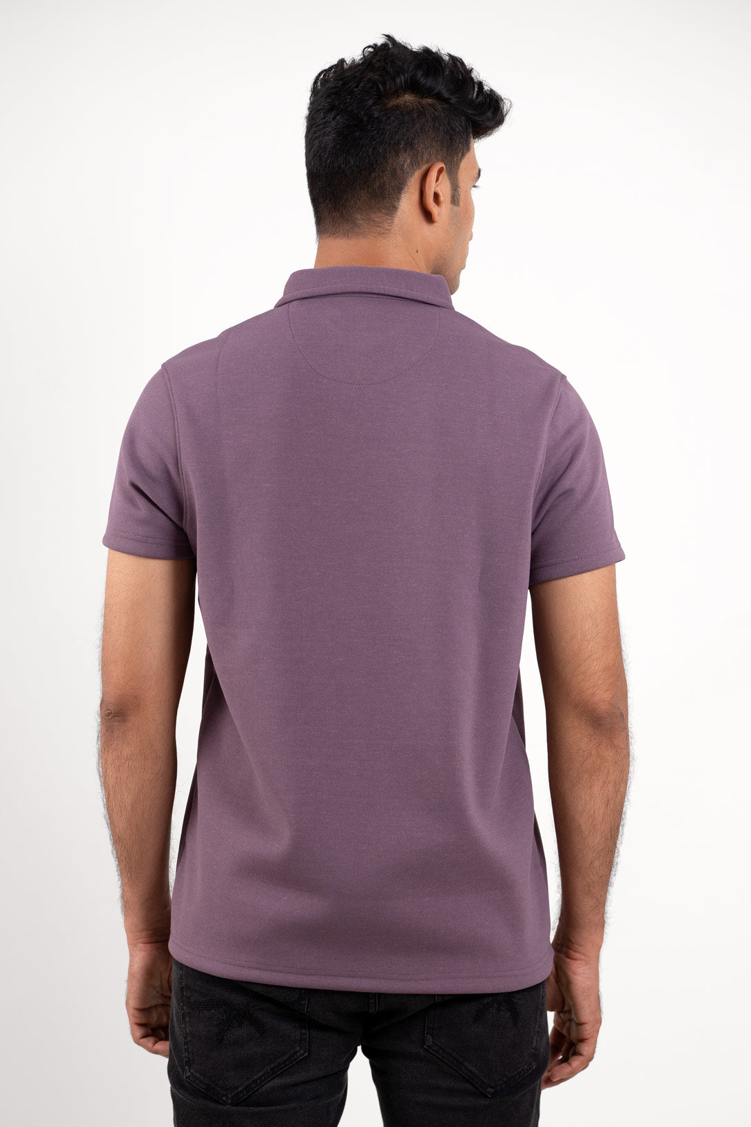Back view of the solid lavender zipper polo shirt, emphasizing its clean lines and smooth finish