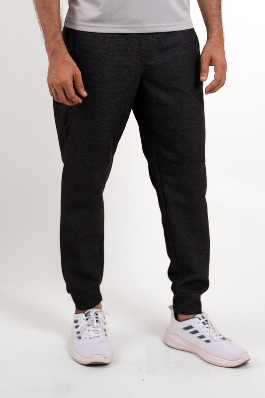 Front view of sleek black joggers, offering both style and comfort for active wear