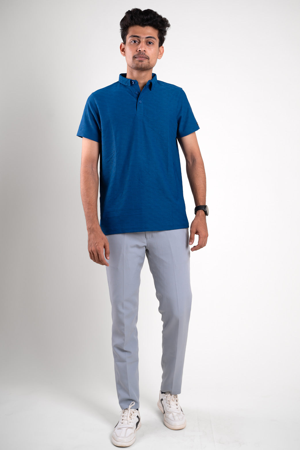 full length view of man wearing blue tshirt