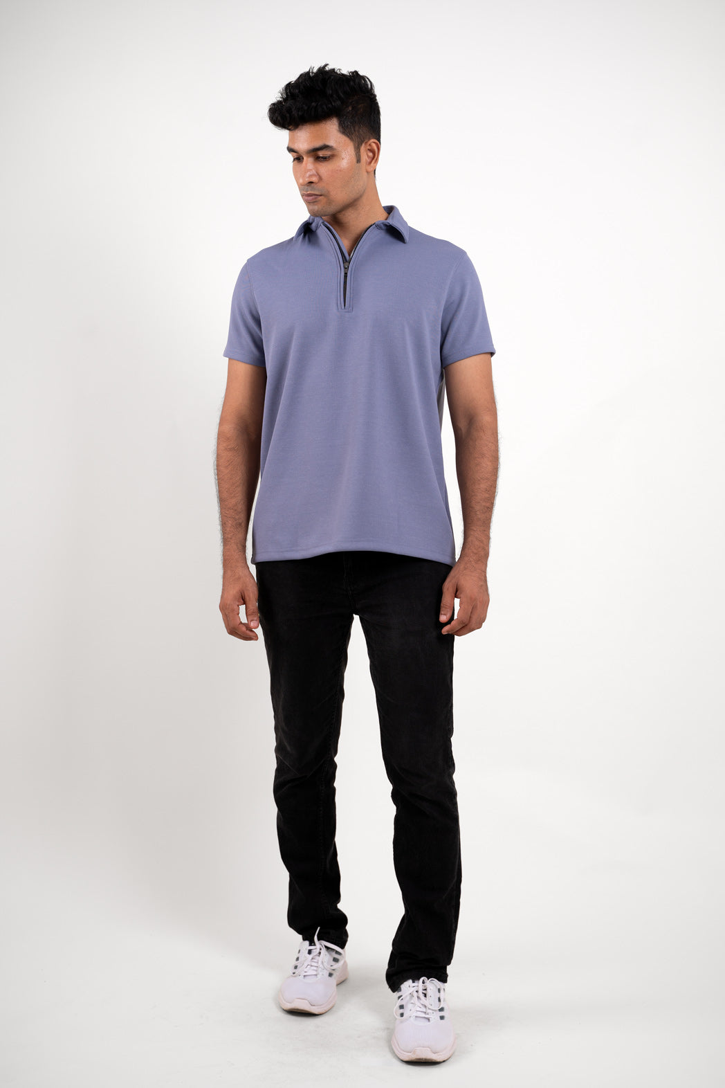 Overall view of the lavender polo shirt with a zipper collar, highlighting its modern features and suitability for various occasions